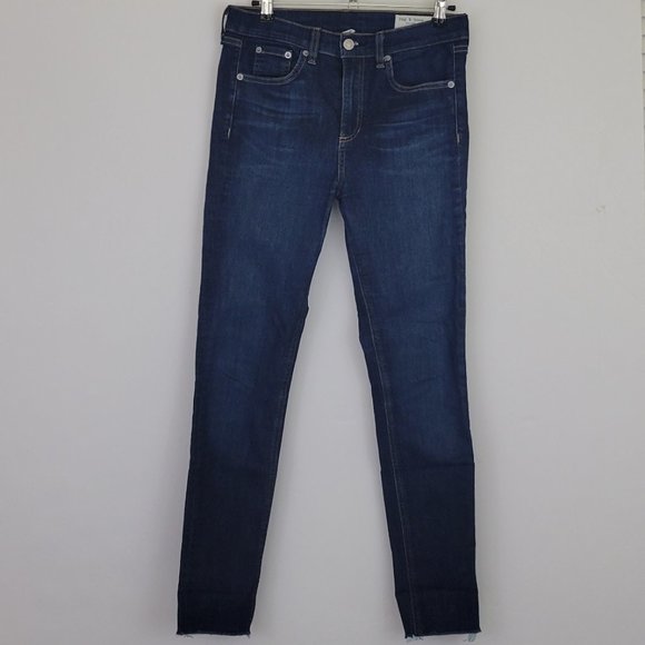 Rag & Bone 10" High Rise Skinny Ankle Raw Hem Jean in Mad River, Dark - Picture 2 of 13